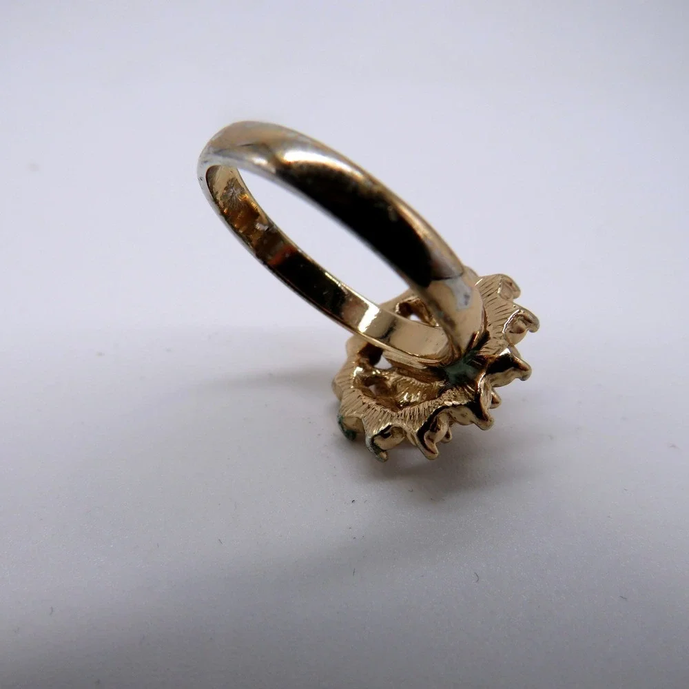 Vintage Gold Tone Smoky Champagne Rhinestone Sunburst Floral Cocktail Ring 7.5